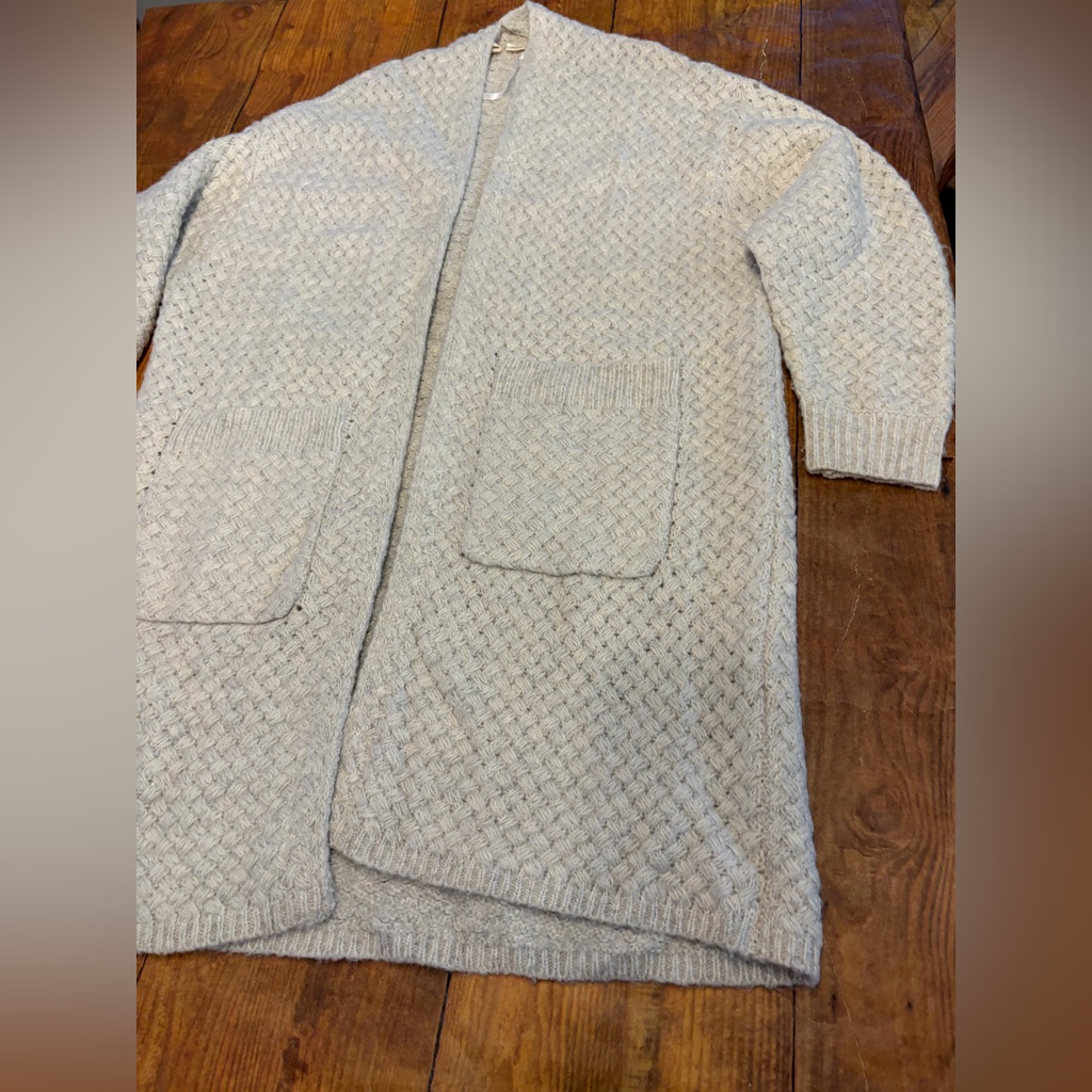 Moth Anthropologie Sz S Oatmeal Basketweave Open Front Longline Cardigan Sweater